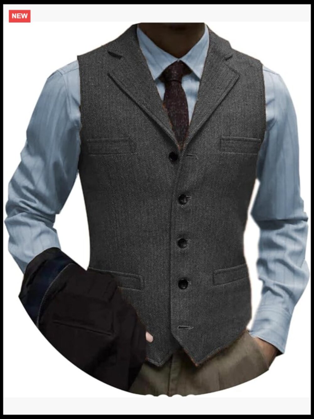 Herringbone Tweed Wool Blend Suit Vest Notch Lapel Groomsmen